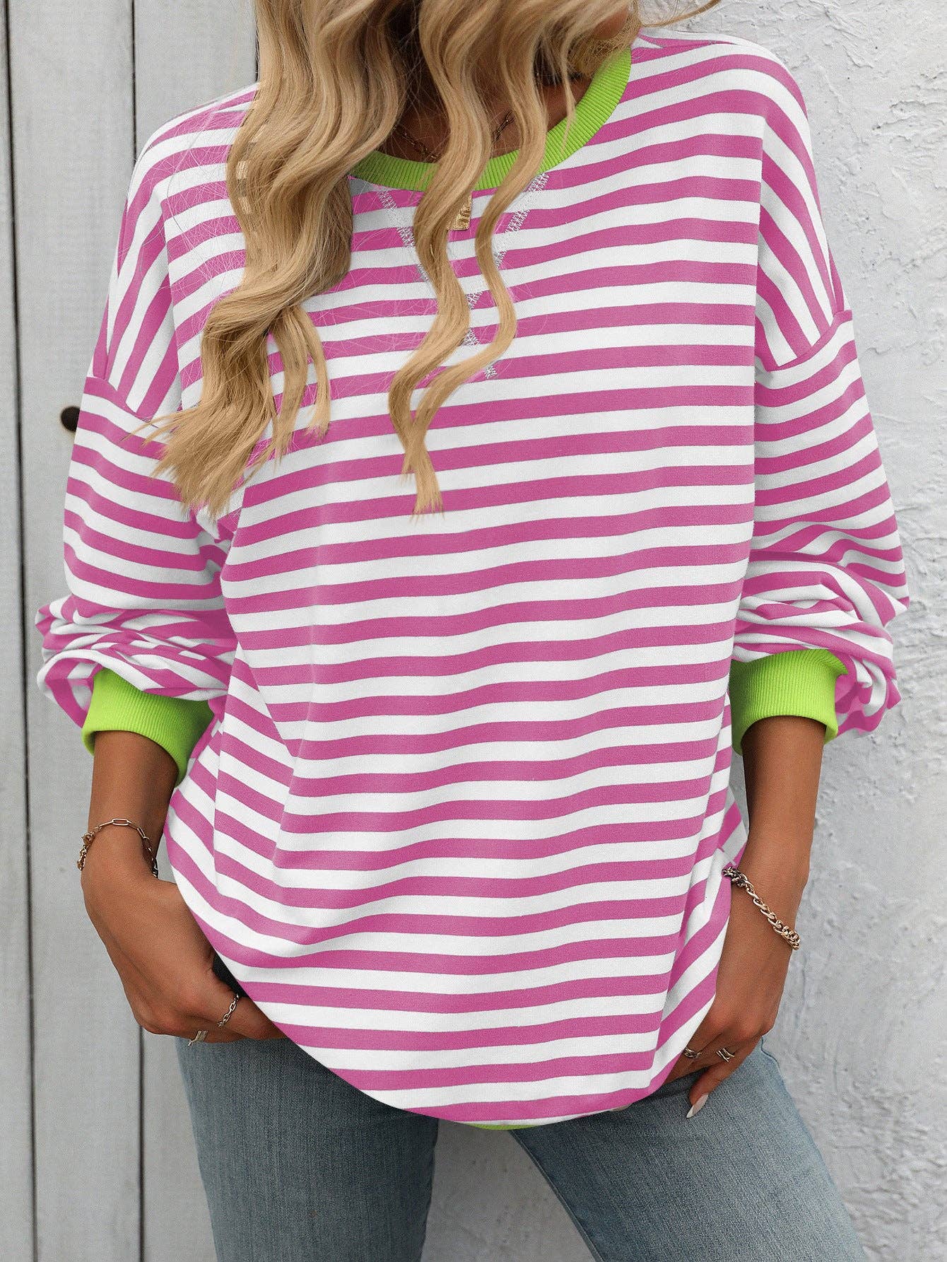 Lovesoft - Women Color Striped Crew Neck Loose Sweatshirt Sweater