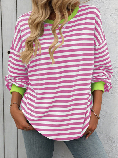 Lovesoft - Women Color Striped Crew Neck Loose Sweatshirt Sweater
