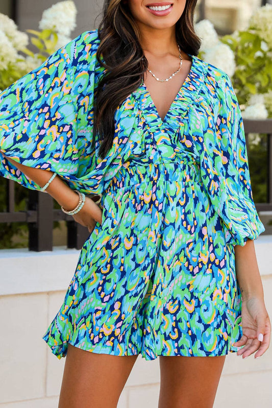 Women’s Boho Print Romper – Flowy V-Neck Kimono Sleeve Summer Romper | Blue Green Resort Wear Outfit