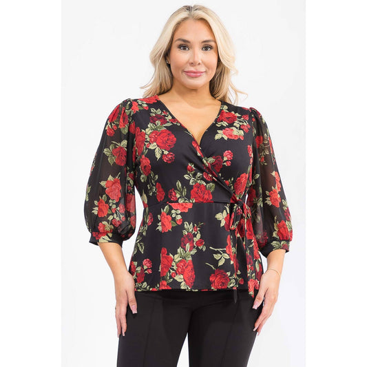 Plus Floral Wrap Blouse
