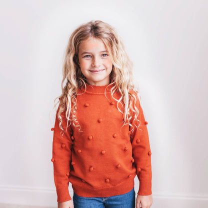 Kids Rust Pom Pom Scalloped Crew Neck Sweater