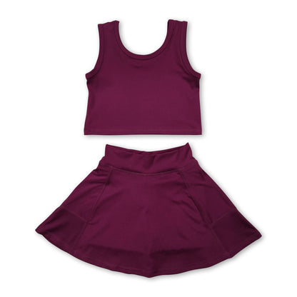 Yawoo Garments - Maroon sleeveless top skirt kids girls active wear set