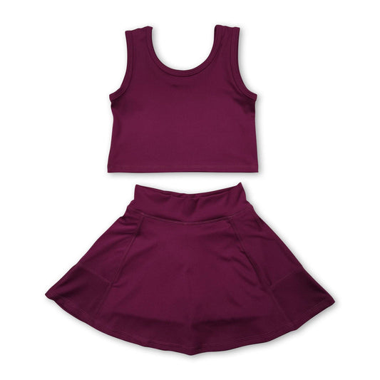 Yawoo Garments - Maroon sleeveless top skirt kids girls active wear set