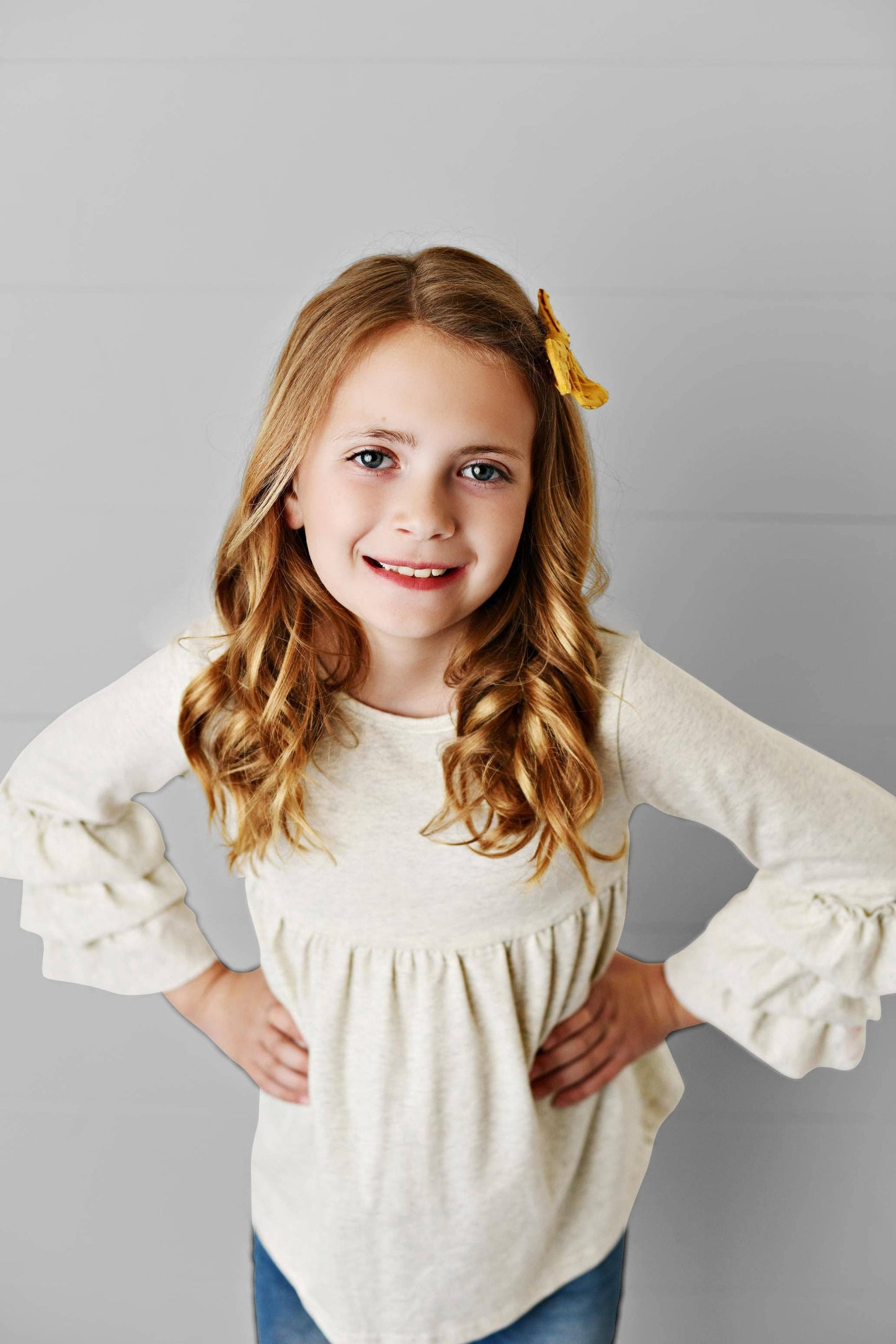 Kids Cream Ecru 3 Ruffle Sleeve Blouse Shirt