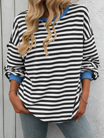Lovesoft - Women Color Striped Crew Neck Loose Sweatshirt Sweater
