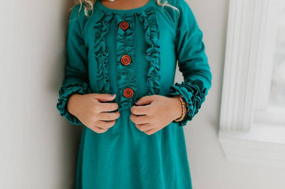 Adorable Sweetness - Kids Long Sleeve Dark Teal Ruffle Button Fall Winter Dress